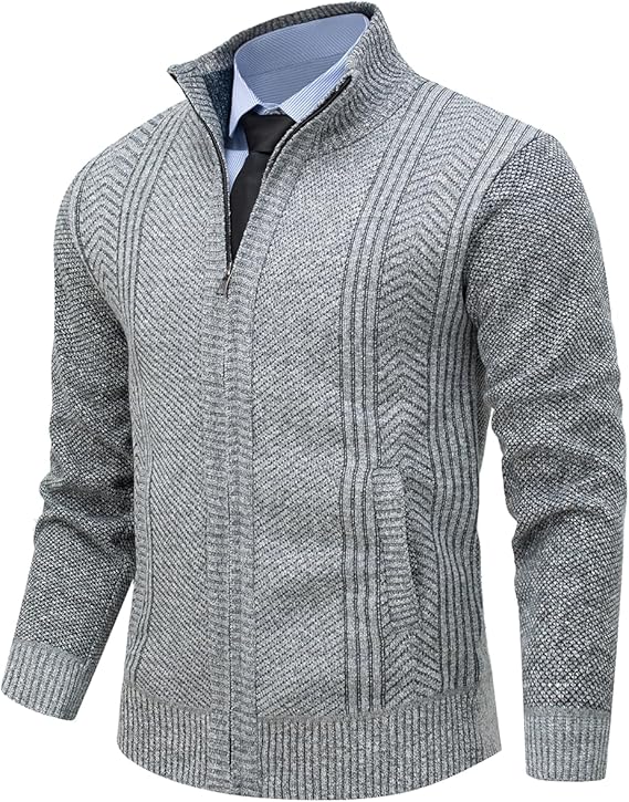 Men’s Cardigan Stand Collar Casual Knit Sweater with 2 Front Pockets