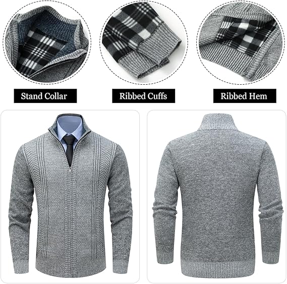 Men’s Cardigan Stand Collar Casual Knit Sweater with 2 Front Pockets