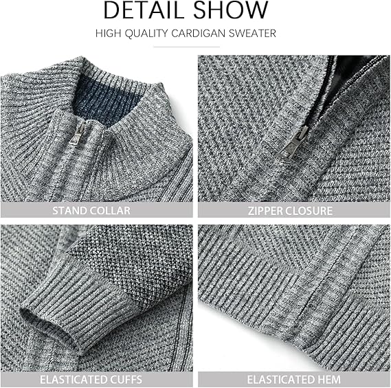 Men’s Cardigan Stand Collar Casual Knit Sweater with 2 Front Pockets